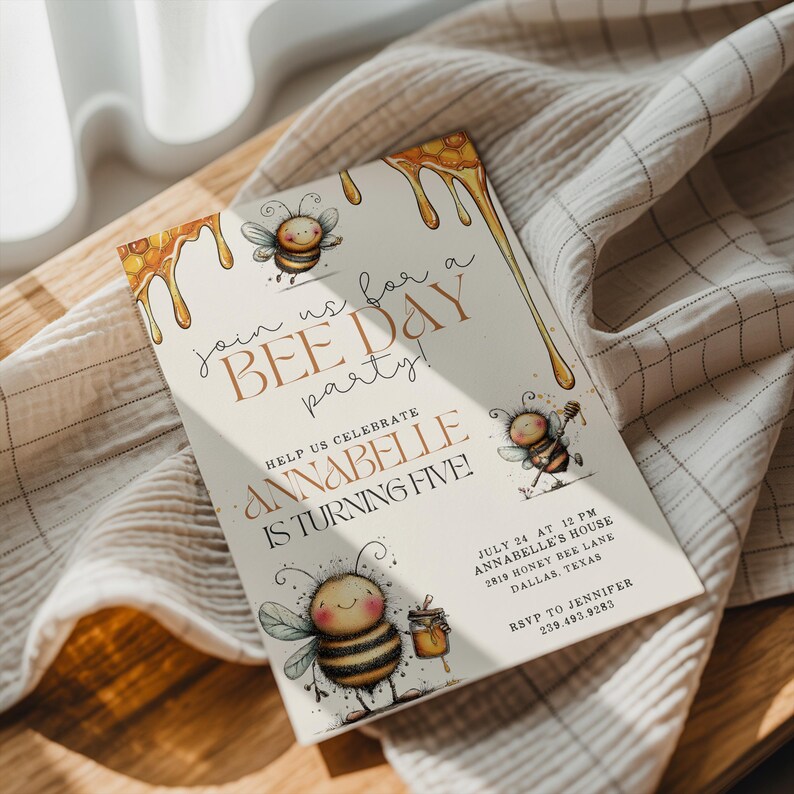 Editable Honey Bee Birthday Invitation Template | Digital Download, Bee ...