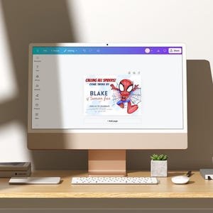 May include: A computer screen displaying a printable invitation for a birthday party. The invitation features a cartoon image of Spiderman and the text "Calling all Spiders! Come swing by for Blake's 4th turnin' five!"