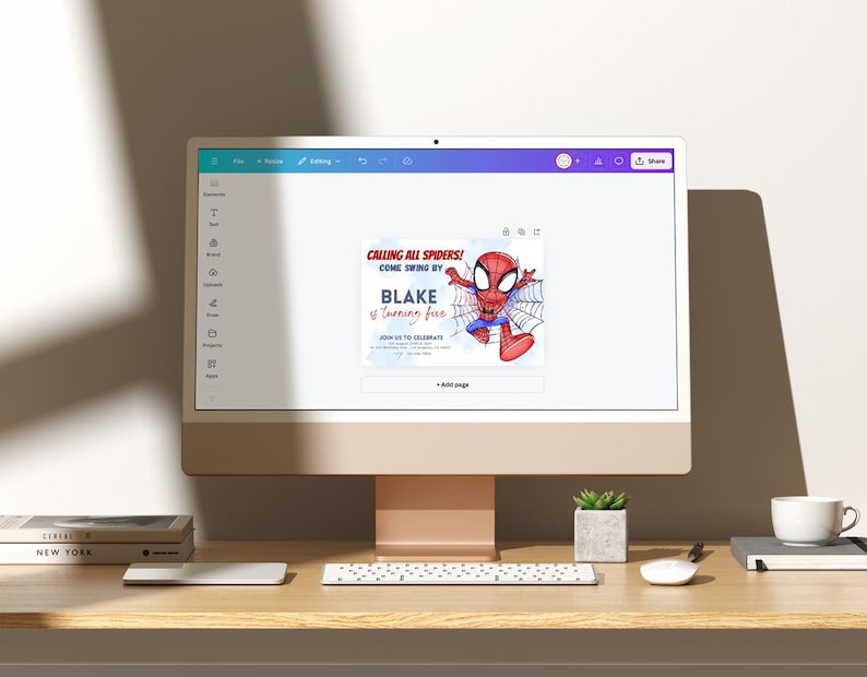 May include: A computer screen displaying a printable invitation for a birthday party. The invitation features a cartoon image of Spiderman and the text "Calling all Spiders! Come swing by for Blake's 4th turnin' five!"