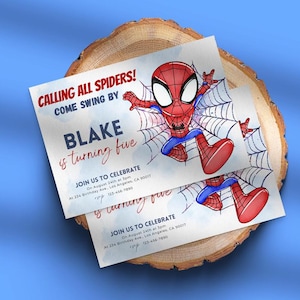 May include: A birthday invitation featuring a cartoon illustration of Spiderman swinging on a web. The invitation is for Blake's 5th birthday party. The text reads "Calling all Spiders! Come swing by Blake is turning five. Join us to celebrate on August 24th at 3pm at 234 Birthday Ave, Los Angeles, CA 90017. (123) 456-7890"