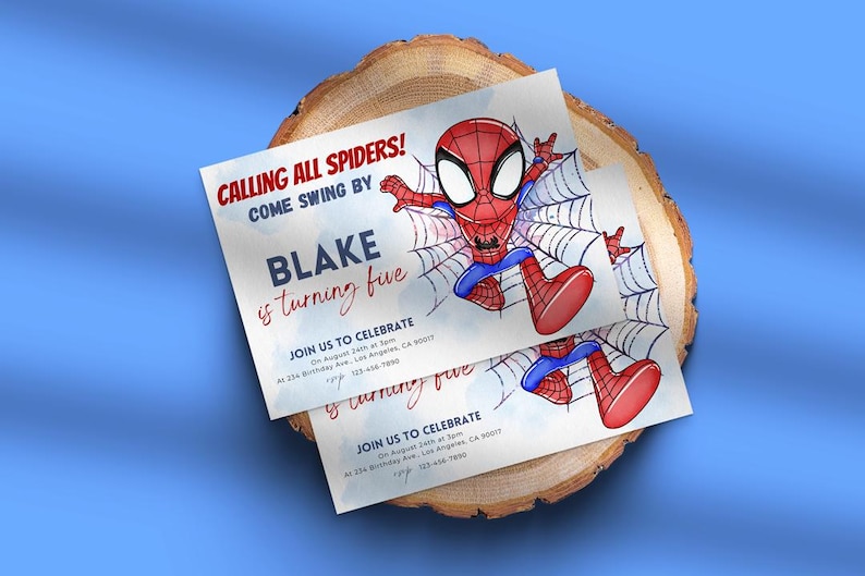 May include: A birthday invitation featuring a cartoon illustration of Spiderman swinging on a web. The invitation is for Blake's 5th birthday party. The text reads "Calling all Spiders! Come swing by Blake is turning five. Join us to celebrate on August 24th at 3pm at 234 Birthday Ave, Los Angeles, CA 90017. (123) 456-7890"