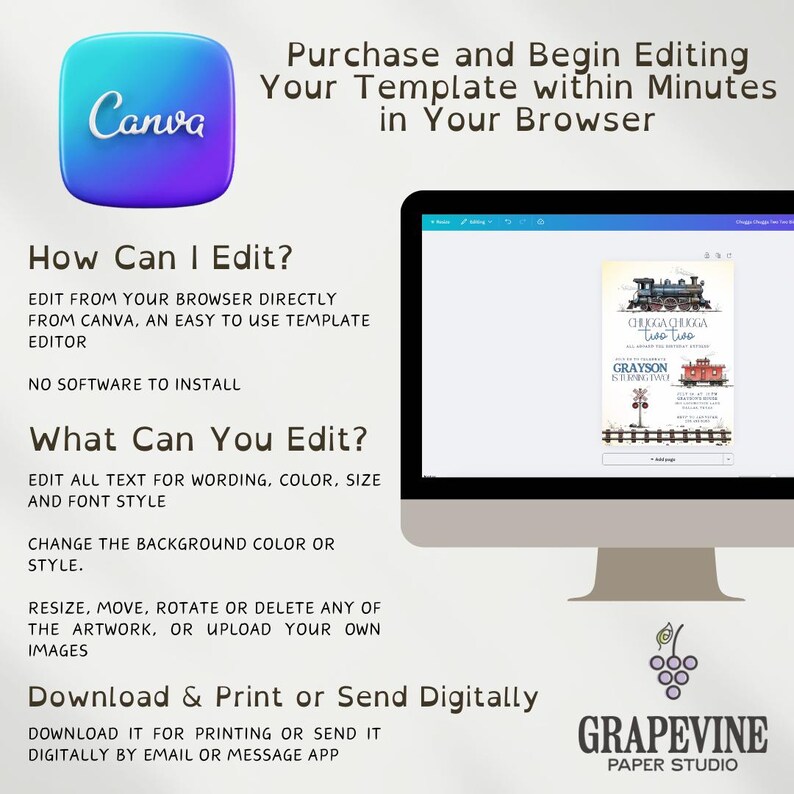 May include: A computer screen displays a template with a train theme. The image includes the Canva logo and text: "Purchase and Begin Editing Your Template within Minutes in Your Browser." Additional text describes editing options and download instructions.
