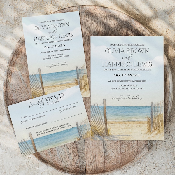 Aquarell Strandhochzeitseinladungspaket: Bearbeitbares Küstendesign (Digitaler Download, Canva-Vorlage