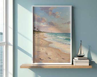 Beach Wall Art Print, Coastal Lighthouse Sunset Printable, Impasto Oil Painting Style, Beach House Decor, Digital Download