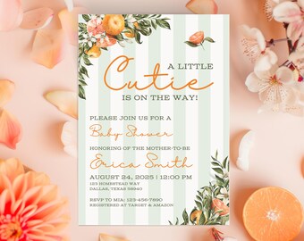 Little Cutie Baby Shower Invitation, Gender Neutral Orange Invite, Citrus Canva Editable Printable Template, Digital Download, Customizable