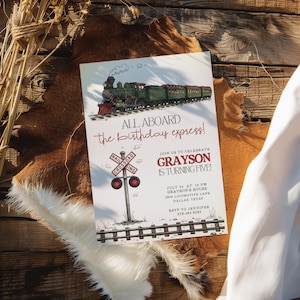 May include: A birthday party invitation featuring a vintage train illustration. The invitation reads "All Aboard the birthday express!" and includes details for Grayson's fifth birthday celebration, including date, time, and location.