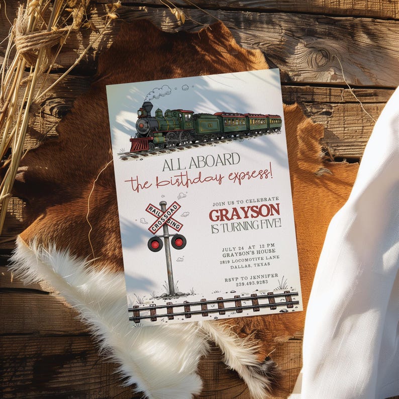 May include: A birthday party invitation featuring a vintage train illustration. The invitation reads "All Aboard the birthday express!" and includes details for Grayson's fifth birthday celebration, including date, time, and location.