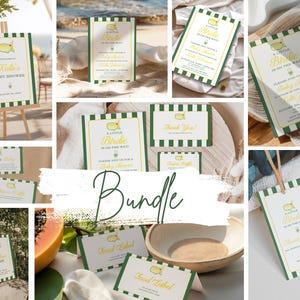 May include: A selection of baby shower stationery with a green and white striped border and gold detailing. The bundle includes invitations, thank you cards, food labels, and a welcome sign. The text includes "A Little Birdie is on the Way!" and "Katie's Baby Shower."