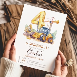 Faire-part d'anniversaire de construction, faire-part de construction modifiable, invitation à une fête de camion, modèle imprimable téléchargement numérique, 4 et creuser