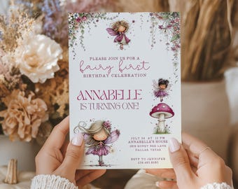 Fairy First Birthday Invitation, Fairy 1st Birthday Invite, Enchanted Birthday Invite, First Birthday Invitation for Girl Digital Download