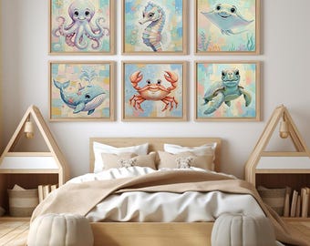 Ocean Animal Nursery Prints | Nautical Wall Art Set of 6 | Digital Download Nursery Decor | Playroom Decor | Ocean Theme Kids Room Decor