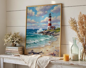 Coastal Beach Wall Art Print | Lighthouse Wall Print | Digital Download | Digital Art Prints Coastal | Coastal Wall Decor | Beach Wall Decor