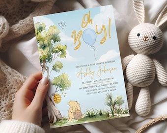 Adorable Winnie the Pooh Baby Shower Invitation Editable Winnie the Pooh Baby Shower Invitation Digital Download Oh Boy Baby Shower