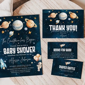 Ruimte babyshower uitnodigingsset, aftellen babyshower uitnodigen jongen bewerkbare ruimte Galaxy blauwe astronaut planeet maan afdrukbare sjabloon