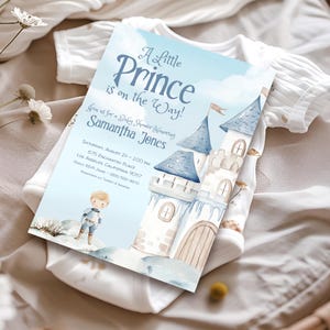 Modello di invito per baby shower del principe, baby shower per bambini, invito per baby shower del piccolo principe, baby shower blu, download digitale stampabile