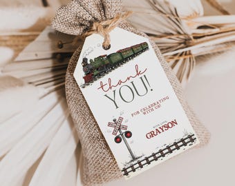 Etiqueta de regalo de cumpleaños editable para tren, etiqueta digital de agradecimiento para tren, descarga digital, invitación imprimible "Todos a bordo" para niños, etiqueta de regalo de cumpleaños BE15