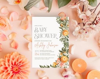 Little Cutie Baby Shower Invitation, Gender Neutral Orange Invite, Citrus Canva Editable Printable Template, Digital Download, Customizable
