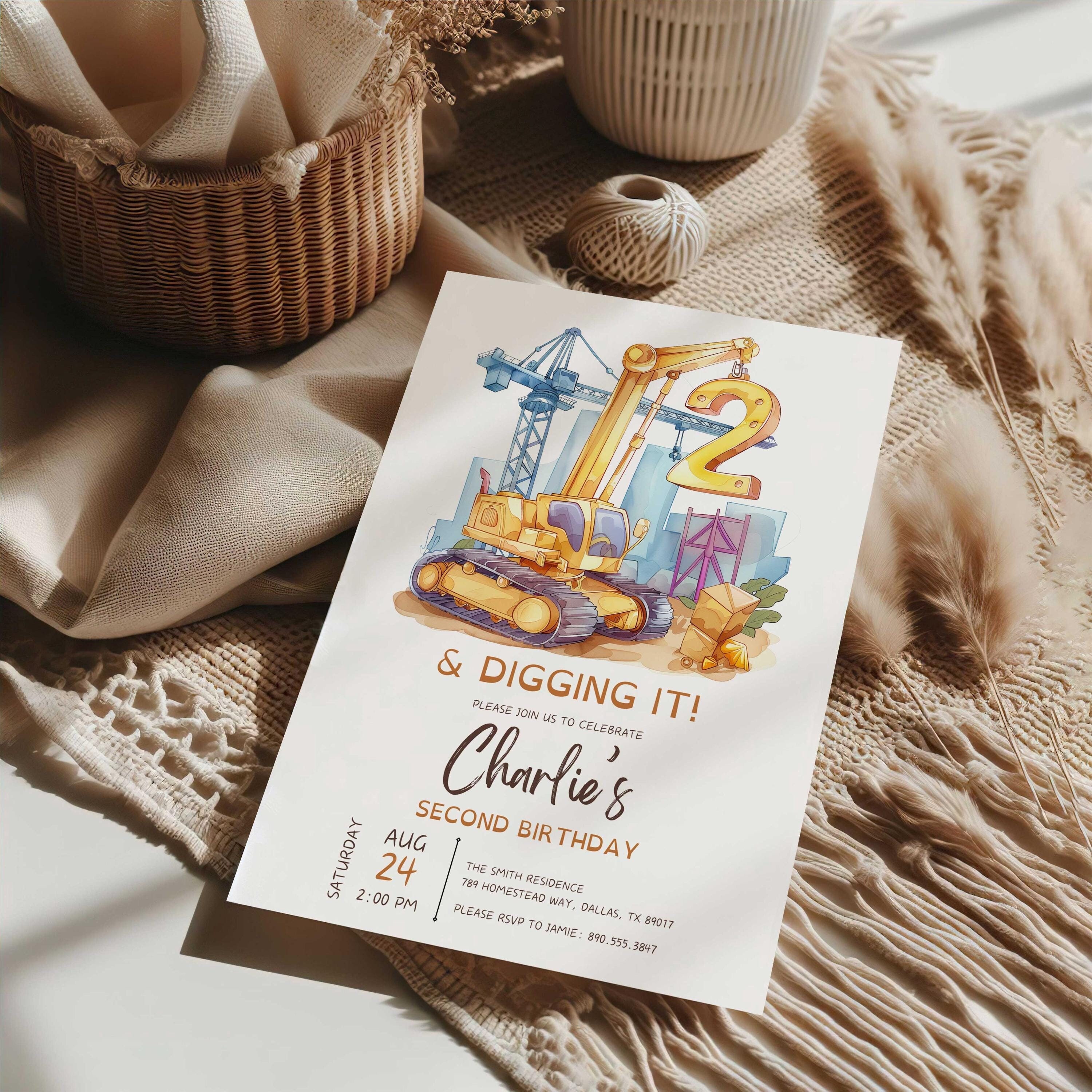 Editable Construction Invitation, Construction Birthday Invitations, Truck Party Invite, Printable template Digital download, 2 & Digging It