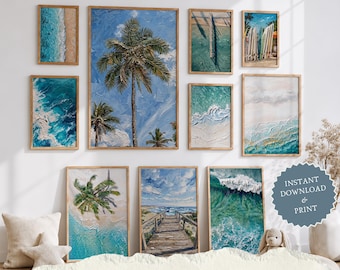 25 Coastal Beach Wall Art Prints, Gallery Wall Set Bundle, Ocean Palm Tree Printable Art, Instant Digital Download