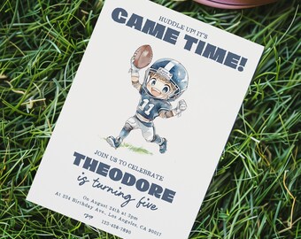 May include: A white invitation card with the text "GAME TIME!" and an illustration of a football player. The card reads "Join us to celebrate Theodore is turning five" with event details. A brown football is in the background.