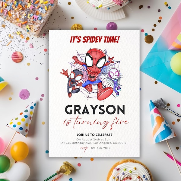 Invitación de cumpleaños de Spidey y sus increíbles amigos, plantilla de descarga digital, invitaciones de fiesta imprimibles editables de Spidey, invitación digital para niños