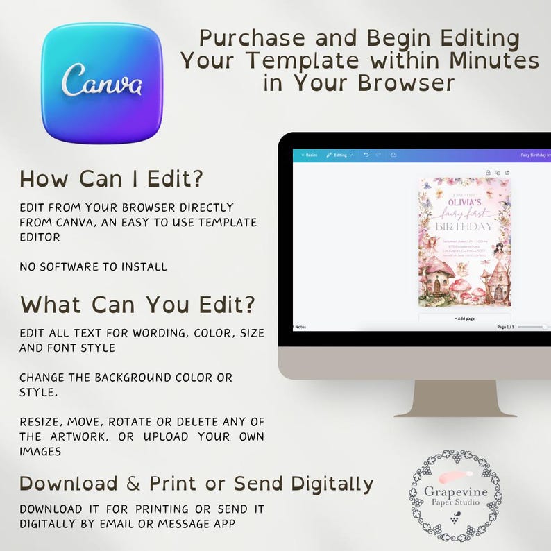 May include: A digital template for a fairy-themed first birthday invitation. The template features a pink background with a whimsical illustration of a fairy house, mushrooms, and flowers. The text "Olivia's Fairy First Birthday" is displayed in a pink and white font. The template is editable using Canva, an online design platform.