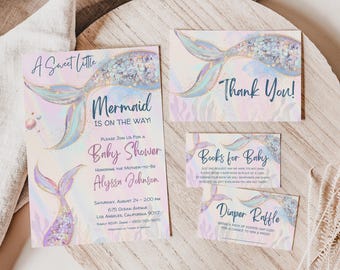May include: A set of four baby shower invitations with a mermaid theme. The invitations are decorated with a mermaid tail, glitter, and pastel colors. The text on the invitations reads "A Sweet Little Mermaid is on the Way!" and "Please Join Us for a Baby Shower Honoring the Mother-to-Be Alyssa Johnson".