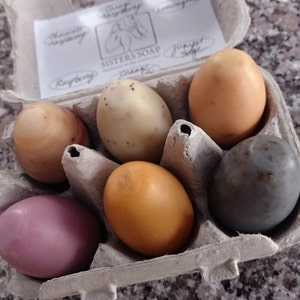 May include: Six handmade soap bars in a cardboard egg carton. The soaps are in various colors, including purple, orange, brown, gray, and white. The soaps are labeled "Sisters Soap" and have a handwritten label with the words "Raspberry" and "Juniper Sage".