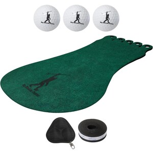 May include: A green putting mat with a black silhouette of a golfer holding a club. Three white golf balls with the text "Big Monster Putter" printed on them. A black pouch with a zipper and a black roll of tape.