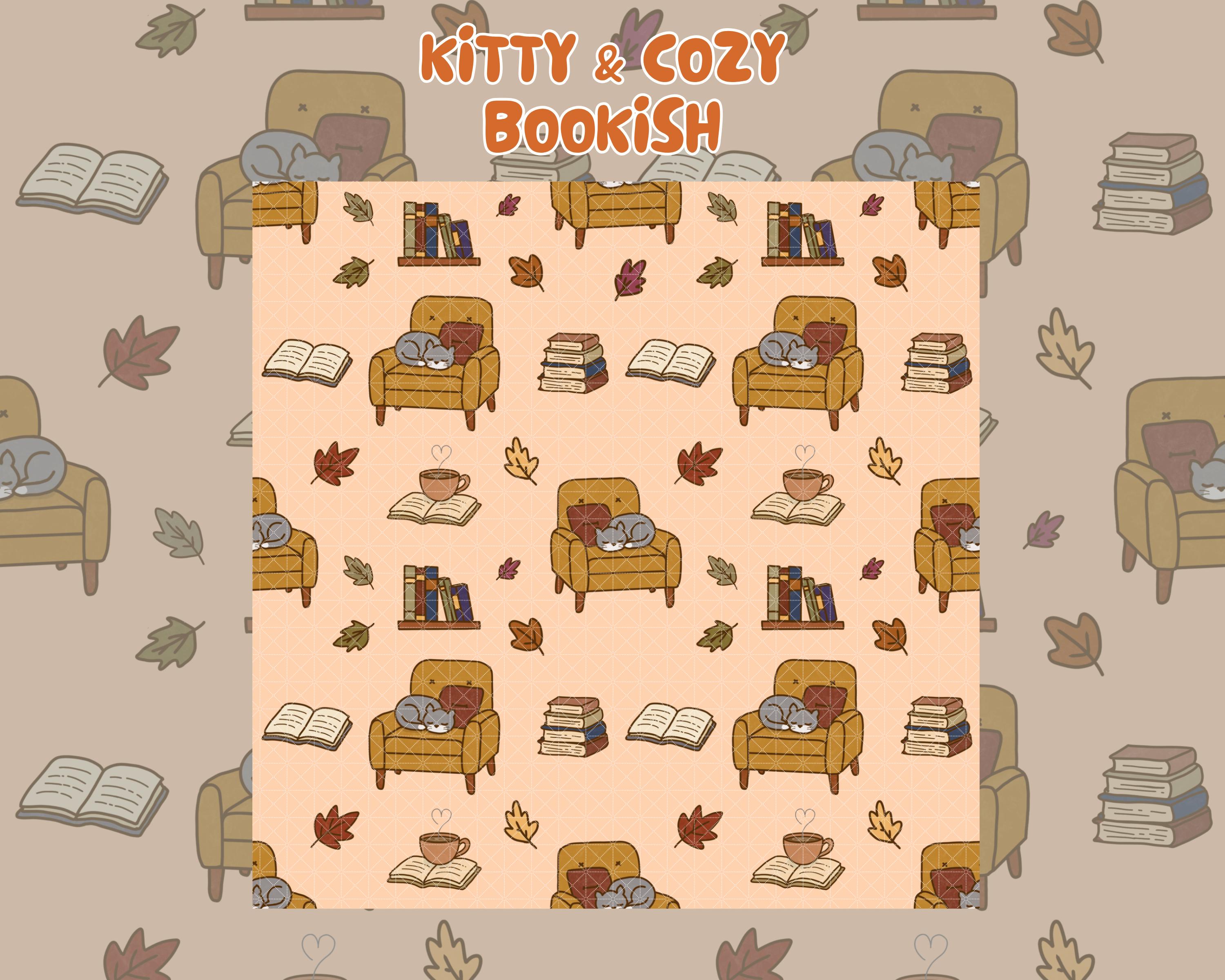 Kitty & Cozy Bookish Seamless Pattern | Hand Drawn | PNG Digital Paper ...