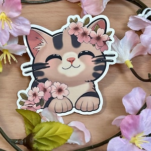 Kawaii Katzenaufkleber mit Kirschblüten - Niedliche Katzen Illustration - Einzigartiges Geschenk für Katzenliebhaber - Niedliches Kawaii Briefpapier - Katzenaufkleber