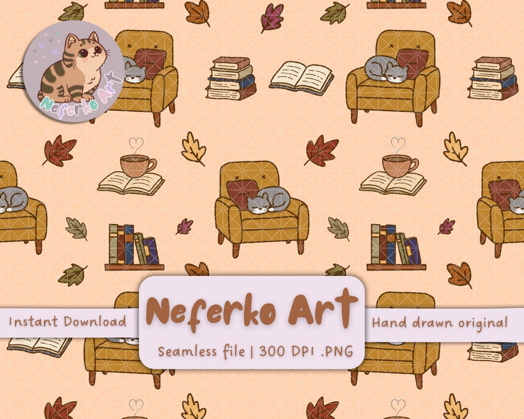 Kitty & Cozy Bookish Seamless Pattern | Hand Drawn | PNG Digital Paper ...