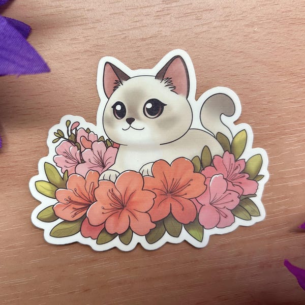 Kawaii Cat Sticker with Azaleas - Cute Cat Illustration - Unique Cat Lover's Gift - Flower Cat - Cute Kawaii Stationery