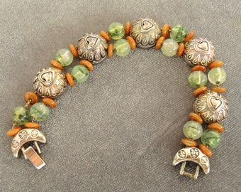 Vintage Slide Bracelet, Silver, Green And Orange Beads On Fine Chain, 7 Inches