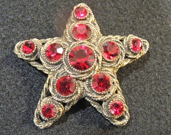 Vintage Star Shaped Hargo Creations Brooch With Ruby Red Faceted Rhinestones, Signed HAR and made in the 1950's-