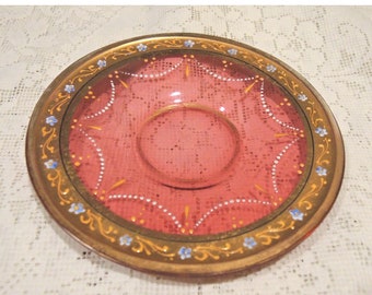 Beautiful Bohemian Enamel Cranberry Glass Saucer. Hand Painted Gold Rim With Tiny Violets