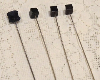 Three Black Onyx Small Square Hat Pins/Stick Pins And One Black Felt Covered Pin, Approximately 3 1/2 inches.