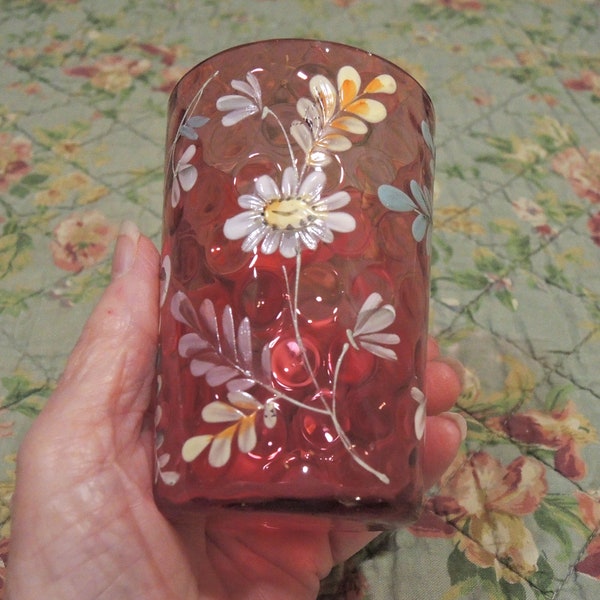 Bohemian Enamel Cranberry Glass Tumbler, Hand Painted Floral Tumbler