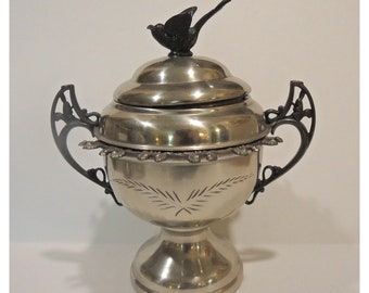 Extra Large Spooner Sugar Bowl Marked RB for Rogers Brothers, New York, Spoon Holders Hold 12 Spoons, Sweet Bird Lifter At The Top.