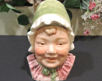 Antique Majolica Tobacco Jar, Figural Girl In Bonnet, Pink And Green Collectible Tobacco Jar