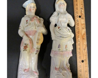 Charming Flat Back Porcelain Couple, Hand Painted Pink And Blue