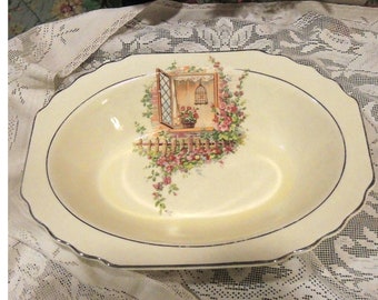 Charming W. S. George, Lido Canarytone Bird Cage Bowl, Floral Open Window. 10 Inch Bowl