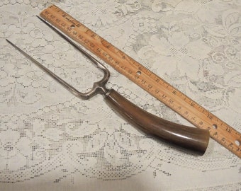 Antique Horn Carving Fork, Sturdy Wide Prongs, 10 1/2 Inches Long