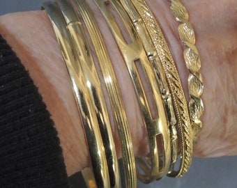 Set Of Seven Gold Tone Bangle Bracelets, Vintage Mid Century Bracelets
