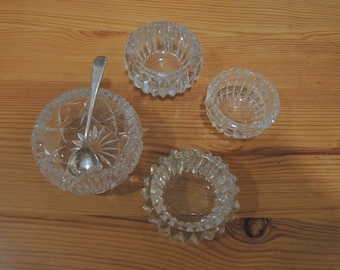 Set of Four Antique Cut Glass Salts With Silver Salt Spoon