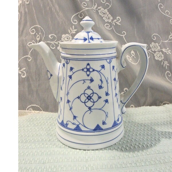 Large Blue And White Hand Painted China Coffee Pot, Danish Design With Lid Stopper