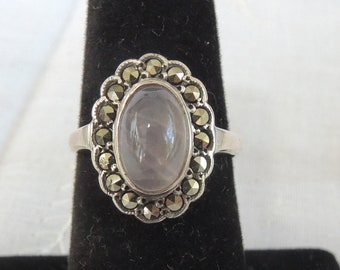 Silver Amethyst Ring With Marcasite Embellishments, Size 7 1/2