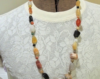 Vintage Mixed Polished Agate Necklace, Orange, Yellow, Black, 28 Inches Long