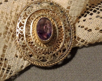 Gold Washed Sterling Silver And Amethyst Filigree Brooch Pendant