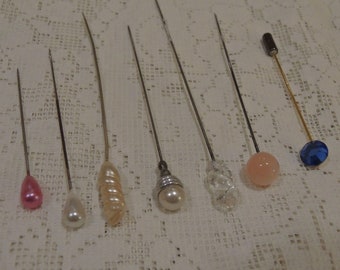 Collection Of Seven Different Stick Pins, Pearls, Glass And Rhinestones, From 2 Inches To 4 Inches